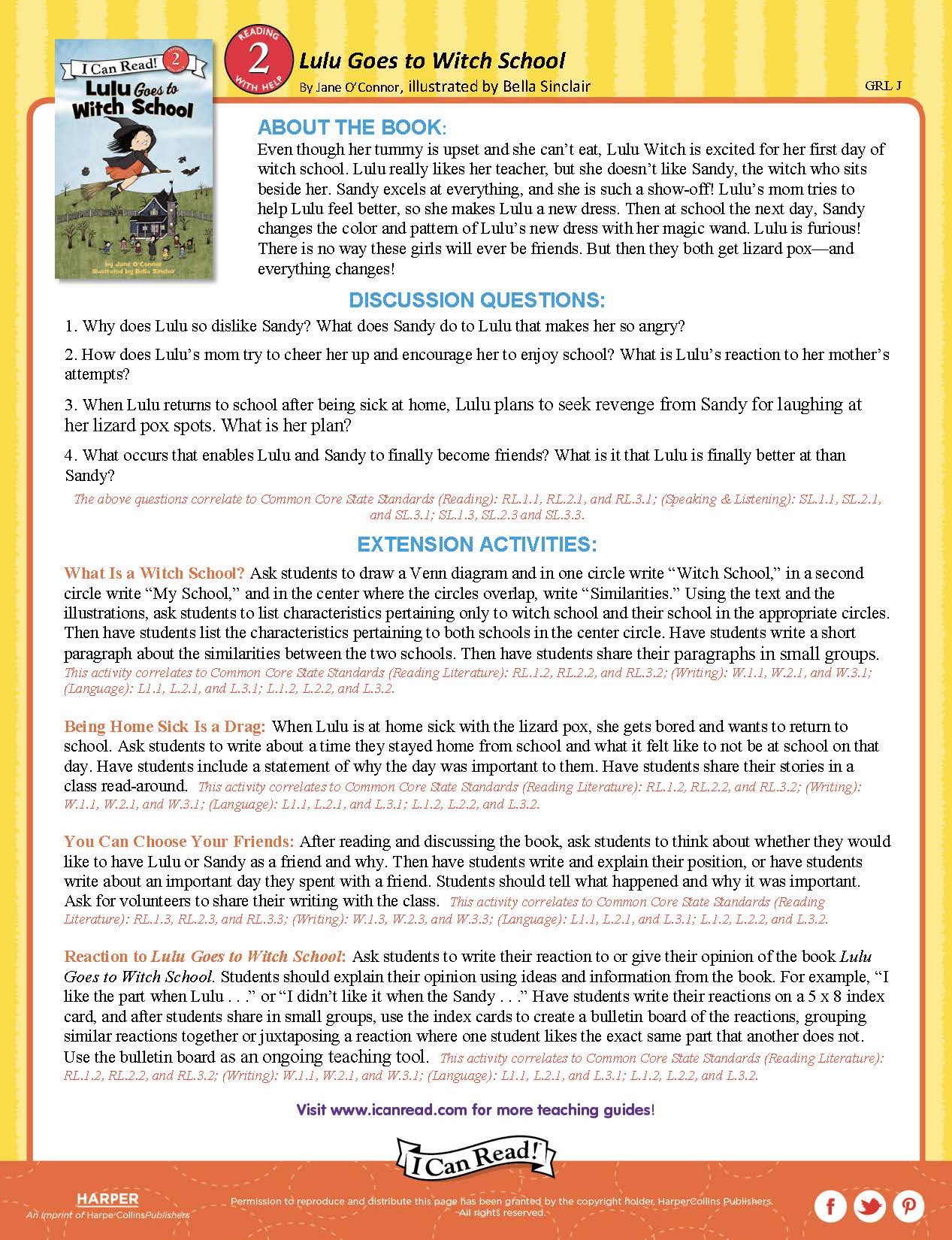Lulu Goes to Witch School Teacher’s Guide icanread